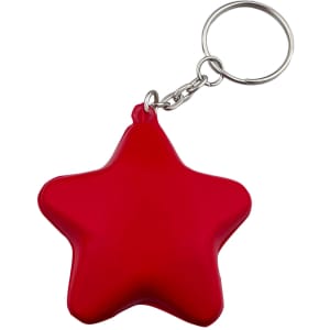A red star-shaped key ring with a silver chain attachment. It has a smooth, glossy finish.