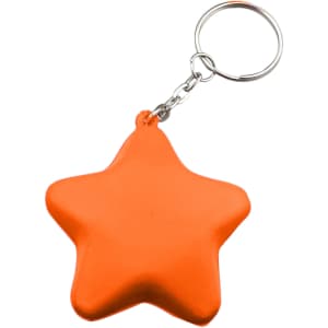 An orange star-shaped stress key ring with a metal chain and keyring attachment.