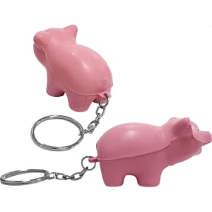 A pink pig key ring with a keychain, featuring a simple pig shape and smooth surface. It has a branding logo.