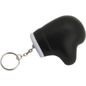 A black stress glove key ring with a metallic chain attachment. The item is shaped like a glove.