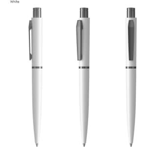 A white metal pen with a sleek design and a clip, featuring three different angles for view.