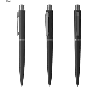 A black metal pen featuring a sleek design, with a clip and silver detailing. It has a logo on the barrel.
