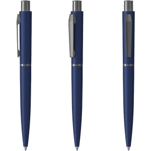 A metal pen in navy with a sleek design, featuring a clip and a silver accent. It has a logo present.