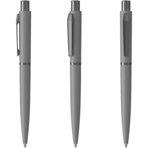A set of three grey metal pens with a sleek design and a clip, featuring a subtle branding logo.