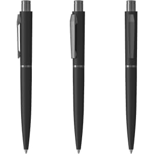 A black metal pen with a sleek design, featuring a clip and a smooth finish. The pen has a logo on the side.
