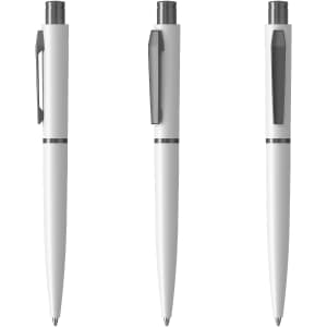 A set of three white metal pens featuring silver detailing and a clip, with a sleek, modern design.