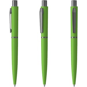 A green metal pen with a sleek design and clip, displayed from three different angles.