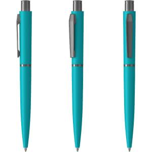 A metal pen in aqua blue, featuring a sleek design with a clip and chrome accents. The pen is displayed in three angles.
