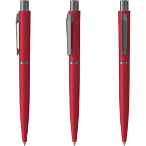 A red metal pen with a clip and a polished silver accent, displayed from multiple angles.