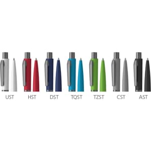 A collection of metal pens in various colours: white, red, navy, blue, green, black, and grey, featuring a logo.