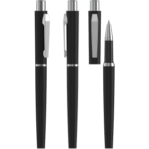 A set of black metal pens, showing various angles and the pen tip. Features a silver clip and trim.