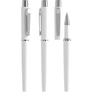 A white metal rollerball pen with a soft-touch finish, featuring a sleek design and silver accents.