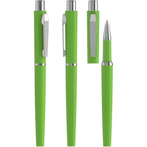 A green rollerball pen with a soft-touch finish, featuring a clip and silver accents. Includes multiple angles of the pen.