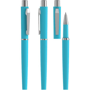 A blue rollerball pen with a soft-touch finish, featuring a clip and silver accents. It includes various positions of the pen.
