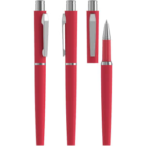 A red rollerball pen with a metal clip and silver accents, displayed from multiple angles.
