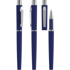 A metal rollerball pen in navy blue with a silver clip and accents, displayed in different positions.