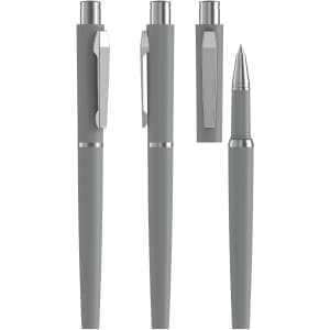 A set of grey rollerball pens with metal accents, featuring a sleek design and pocket clip.