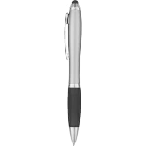 A silver stylus pen with a black grip, featuring a clip and a logo.