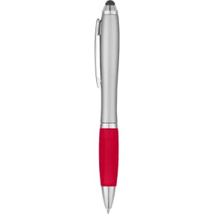 A stylus pen featuring a silver upper body and a vibrant red grip, with a logo on the side.