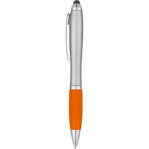 A silver stylus pen with an orange rubber grip and a clip, featuring branding on the body.
