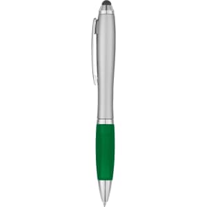 A stylus pen with a silver body and a green rubber grip, featuring a branding logo.