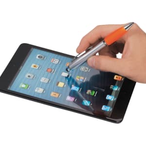 A stylus pen with an orange grip is being used on a tablet screen. The pen features a metallic body and has a logo.