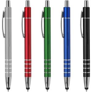 Five stylus pens in silver, red, green, blue, and black, featuring a metallic finish and a clip.