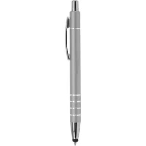 A silver metal stylus pen with chrome accents and a pocket clip. It features decorative ring details.