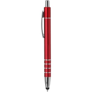 A red metal stylus pen with chrome accents and a clip. The pen features a sleek, modern design.