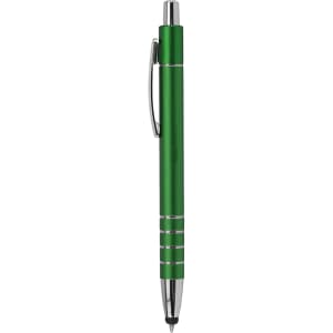 A green metal stylus pen with a shiny chrome clip and accents. Features a sleek design and a logo.