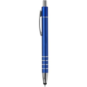 A blue metal stylus pen with chrome accents and a clip, featuring a smooth design.