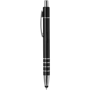 A sleek black metal stylus pen with silver accents and a clip, featuring a glossy finish.