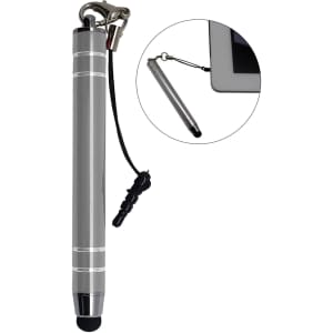 A metal stylus pen in silver with a black rubber tip and a lanyard attachment.