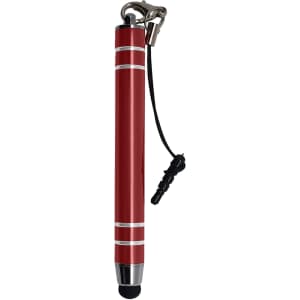 A red metal stylus pen with silver accents and a black tip, featuring a lanyard attachment.