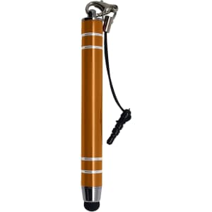 A metal stylus pen in orange with silver accents and a black rubber tip, featuring a lanyard attachment.