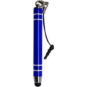 A metal stylus pen in blue with silver accents and a black stylus tip, featuring a lanyard attachment.