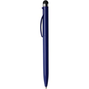 A sleek blue stylus pen with a black tip and a clip for easy attachment. Features a simple design and branding.
