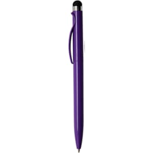 A purple stylus pen with a black rubber tip and a silver clip, featuring a logo.