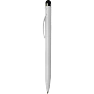 A white stylus pen with a sleek design and a black tip, featuring a clip and silver accents.