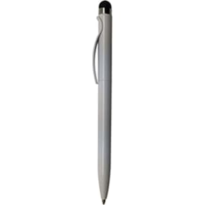 A sleek, silver plastic stylus pen with a black tip and a clip. Includes a branding logo.