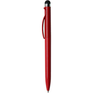 A red stylus pen with a sleek design and a black tip. It features a clip and a logo on the barrel.
