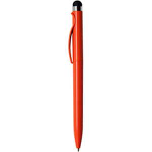A stylus pen in bright orange with a black tip and a clip. It features a logo on the body.