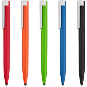 Five stylus pens in red, orange, green, blue, and black. Each pen has a white clip and a smooth finish.