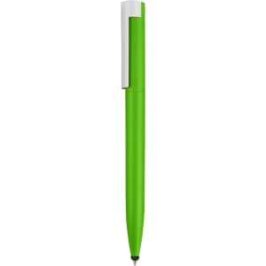 A green stylus pen with a white clip, featuring a sleek and simple design.