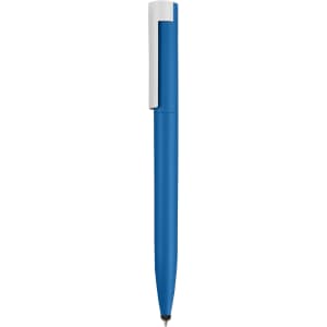 A blue stylus pen with a white clip and a sleek design, featuring a logo on the body.
