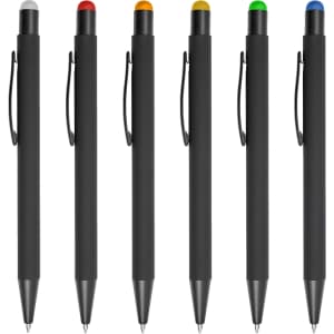 A series of black stylus pens featuring caps in grey, red, orange, yellow, green, and blue. Each has a clip and branding.