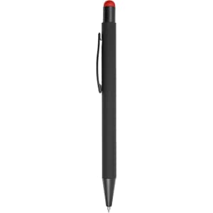 A black stylus pen with a red tip and a clip for secure attachment. It features a branded logo.