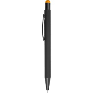 A black stylus pen with an orange tip and a clip on the side, featuring a sleek design.
