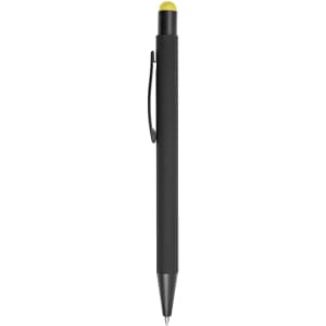 A black stylus pen with a yellow tip and a clip on the side, featuring a logo.