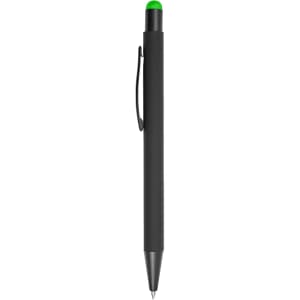 A black stylus pen with a green tip and a clip on the side, featuring a logo.